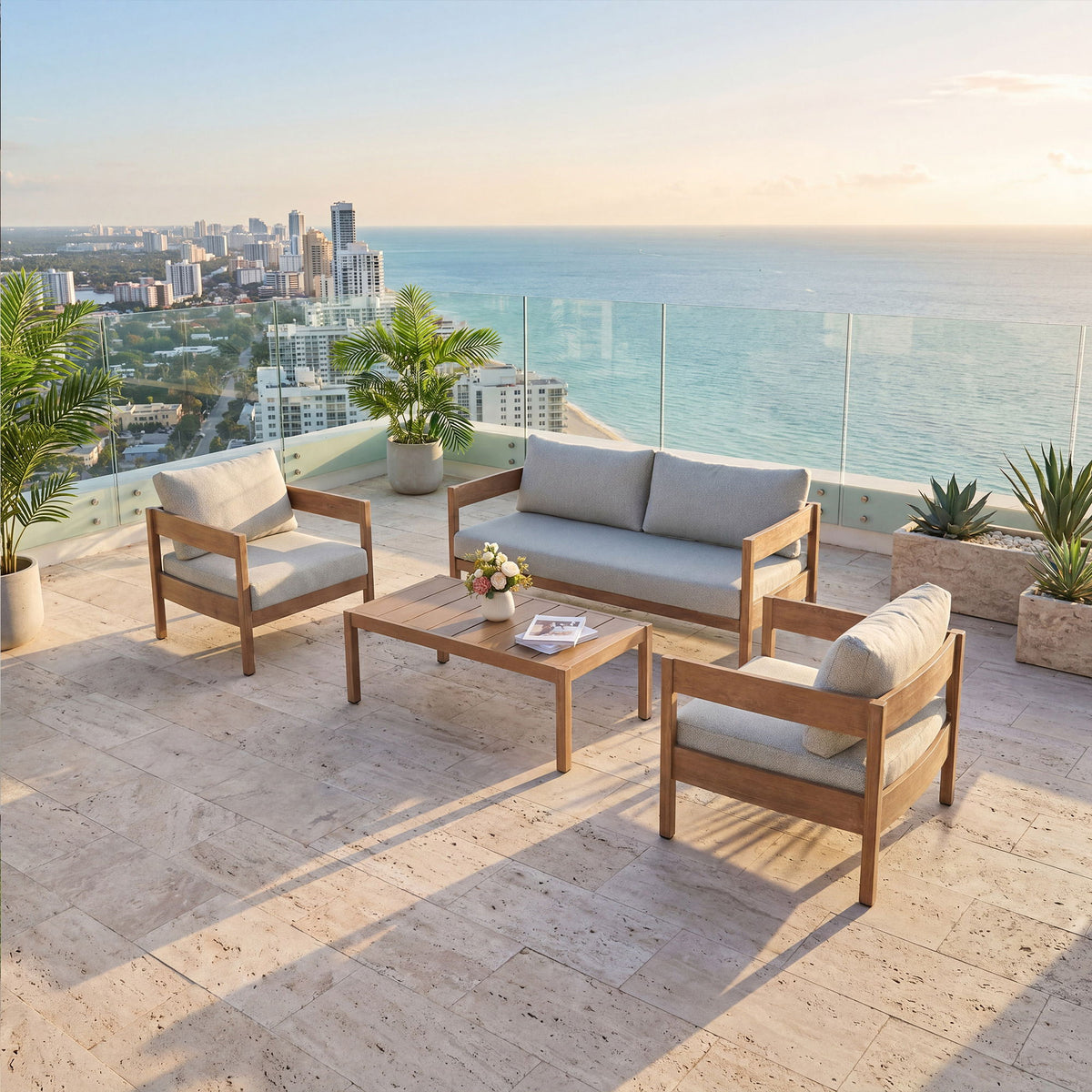 Outdoor Sofa With Weather Resistant Cushions (Coffee Table Not Included) (Set of 3) - Oak