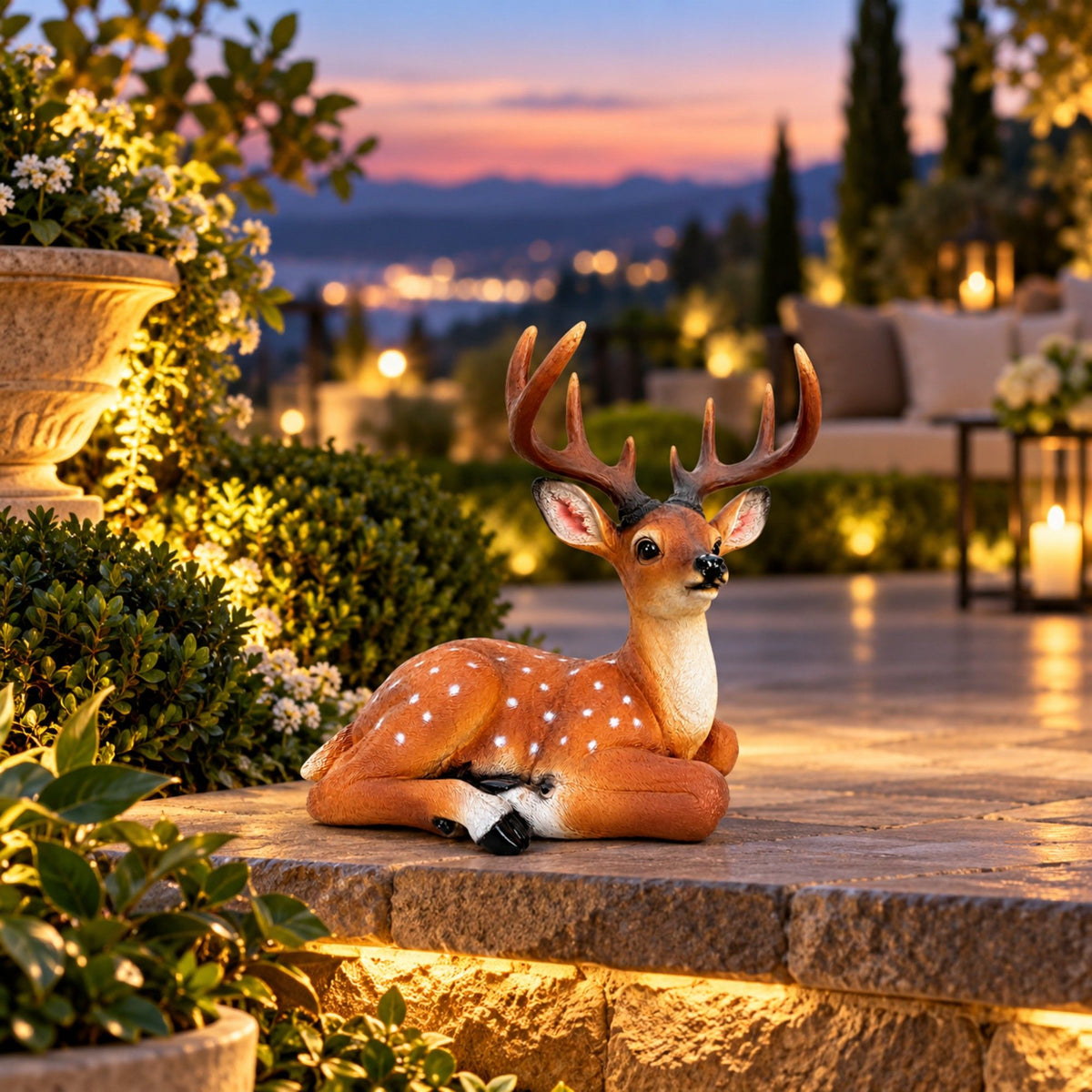 Lying Deer Garden Statue, Buck Sculpture With Detachable Antlers For Outdoor Decor - Brown