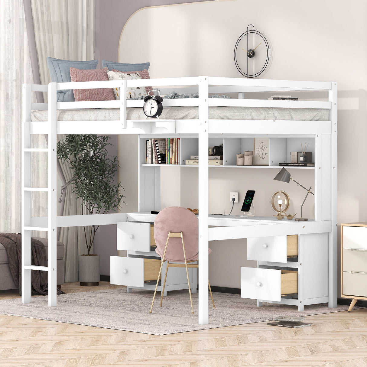 Full Size Loft Bed With Desk, Cabinets, Drawers, Charging Station And Bedside Tray, Sturdy Frame, No Box Spring Required - White