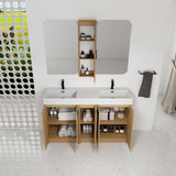 Double Sink Bathroom Vanity Set With Tall Linen Cabinet, Extra Large Storage, Integrated Sink, Freestanding Cabinet - Light Oak / White