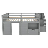 Low Loft Bed Frame With Built In Stairs, Storage Drawer, Shelf And 7 Color LED Light