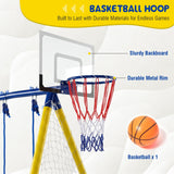 5 In 1 Kids Swing Set With Saucer Swing, Belt Swing, Basketball Hoop & Soccer Goal - Blue / Yellow