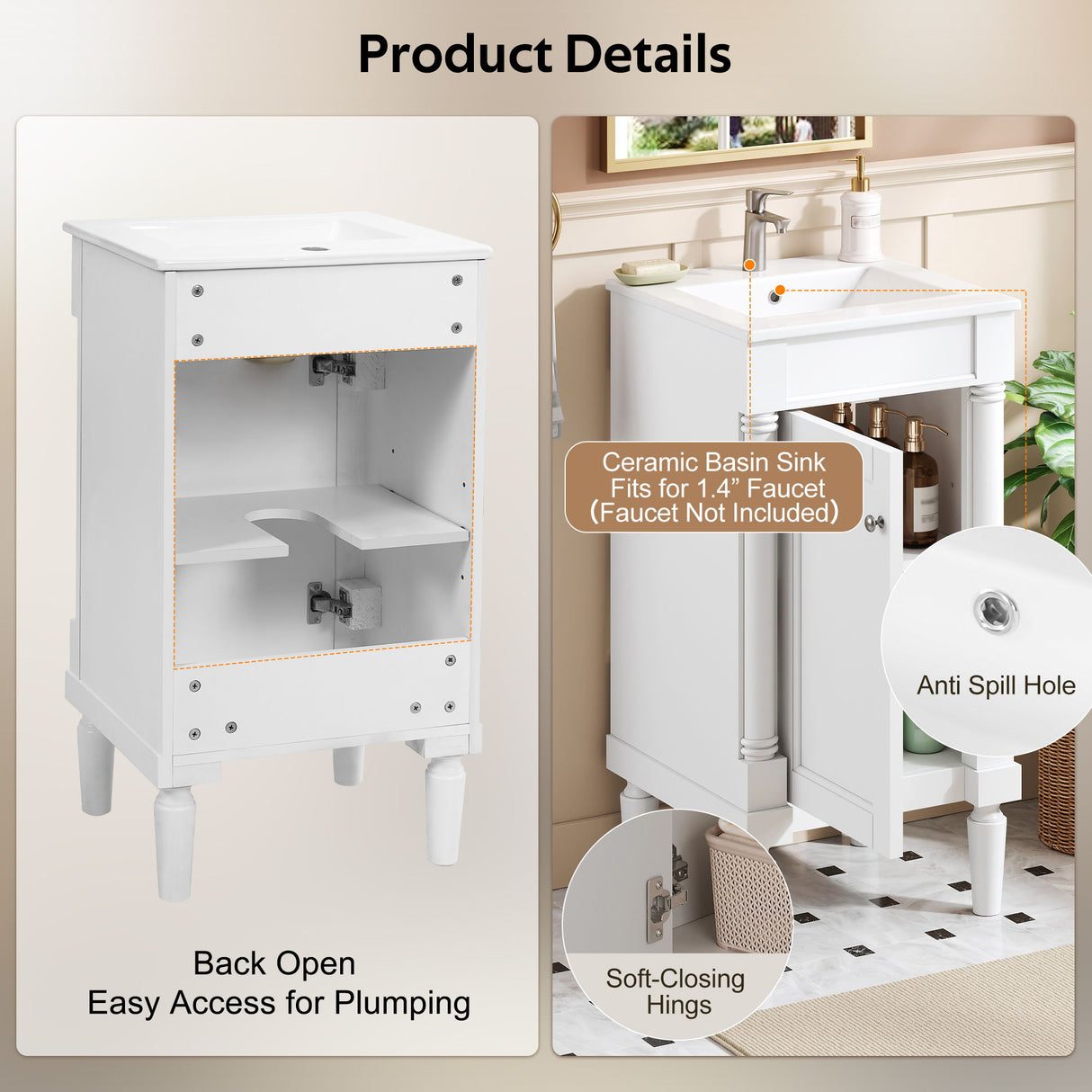 French Style Bathroom Cabinet With Sink, Adjustable Shelf