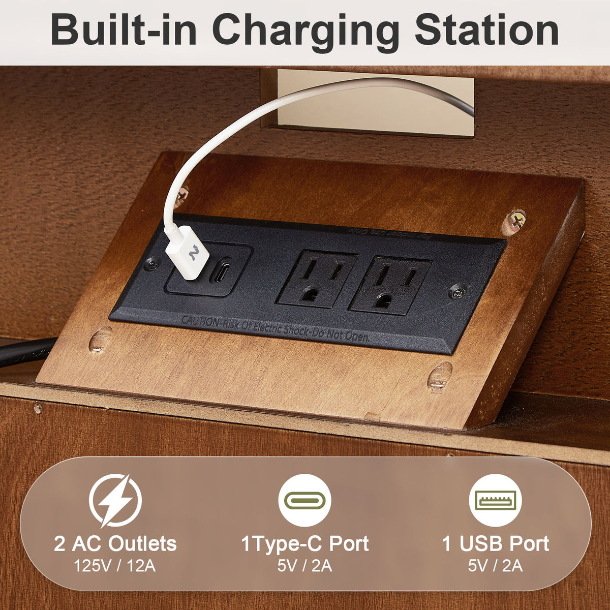 Nightstand With Charging Station, 2 Drawer Bedside Table With Shelf And USB / AC Ports