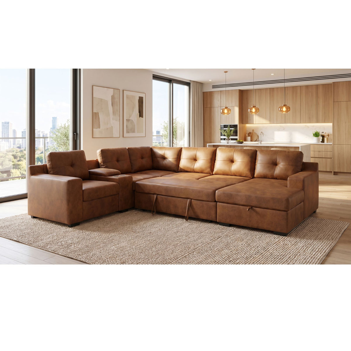 U - Shape Sectional Pull Out Bed With Console, Storage, And USB Charging