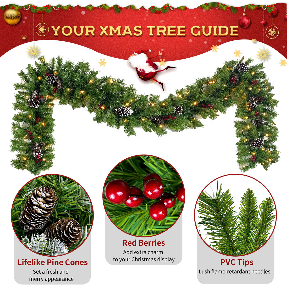 Pre Lit Artificial Christmas Tree Set With LED Lights, 3 Piece Garland And Entrance Trees, Warm Lighting, Indoor Use Only - Green