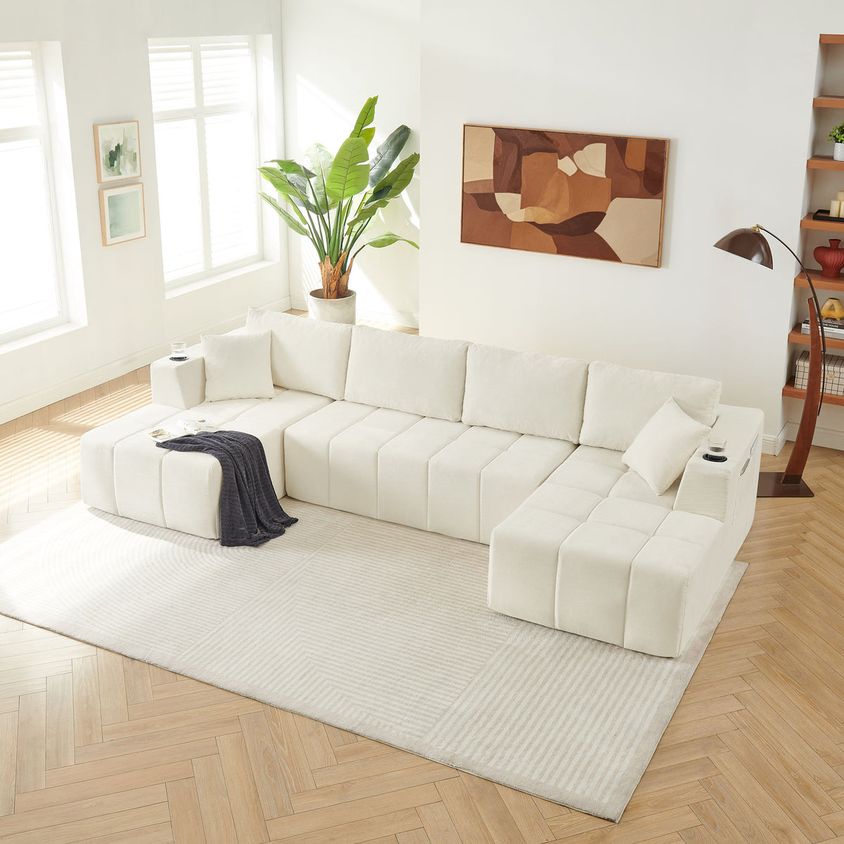 U - Shaped Sectional Sofa, Cup Holders & Side Pockets For Living Room