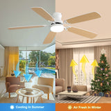52" DC Motor Ceiling Fan With LED Light, 6 Speed Remote Control, Reversible Blades For Living Room - White