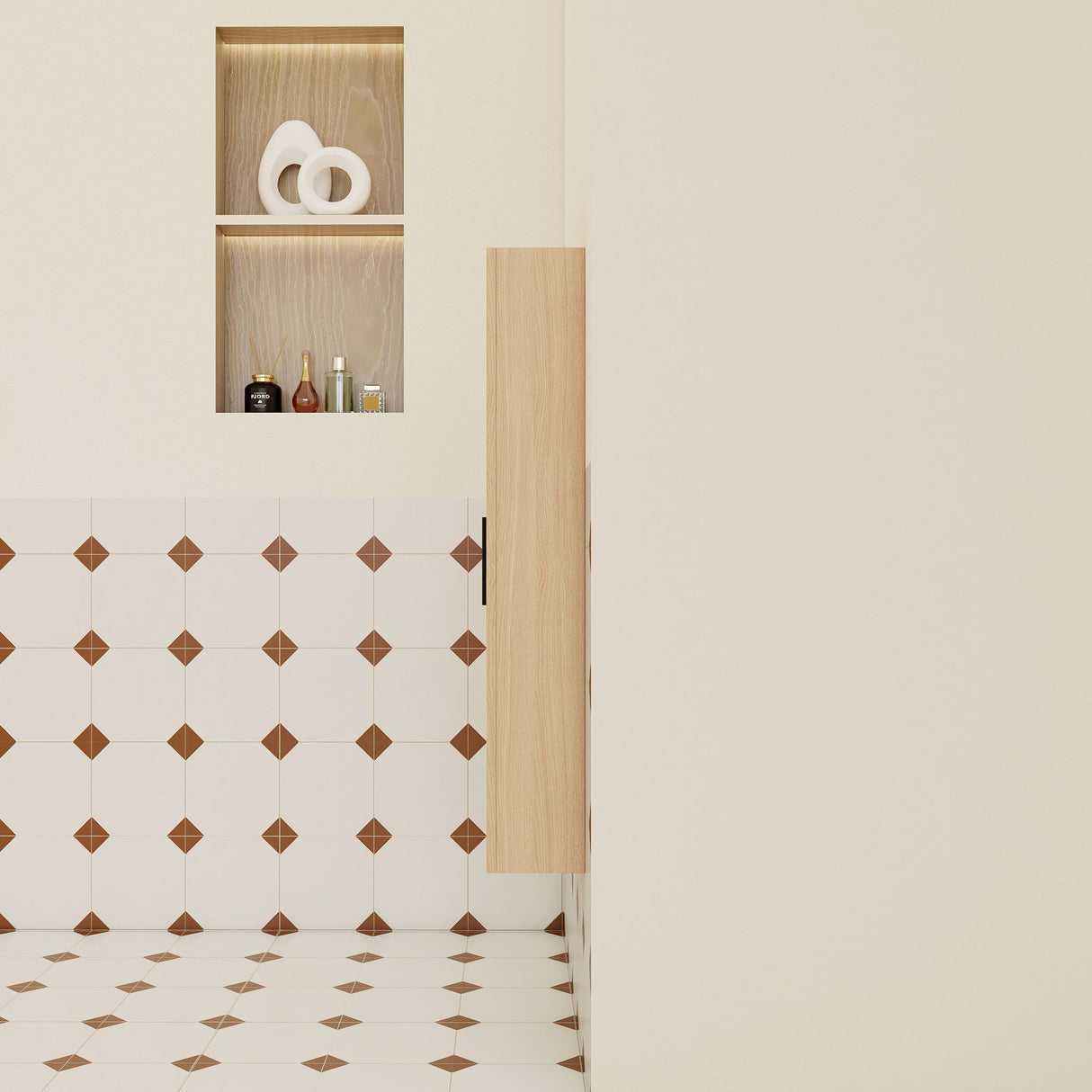 Tall Floating Bathroom Side Cabinet, Wall Mounted Single Door Storage - Light Oak