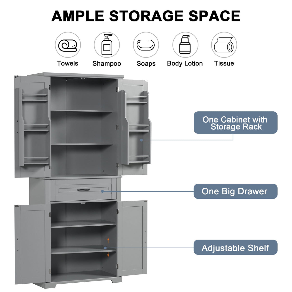 Bathroom Storage Cabinet With Doors And Drawer, Adjustable Shelf