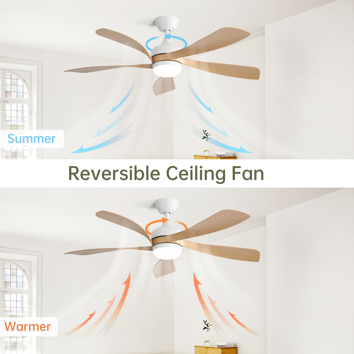52" Ceiling Fan With 3 Color Dimmable LED Light, 5 Blades, Remote Control, Reversible DC Motor