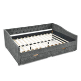 Queen Size Upholstered Daybed With Tufted Back And Nail Trimmed Waved Arms - Gray