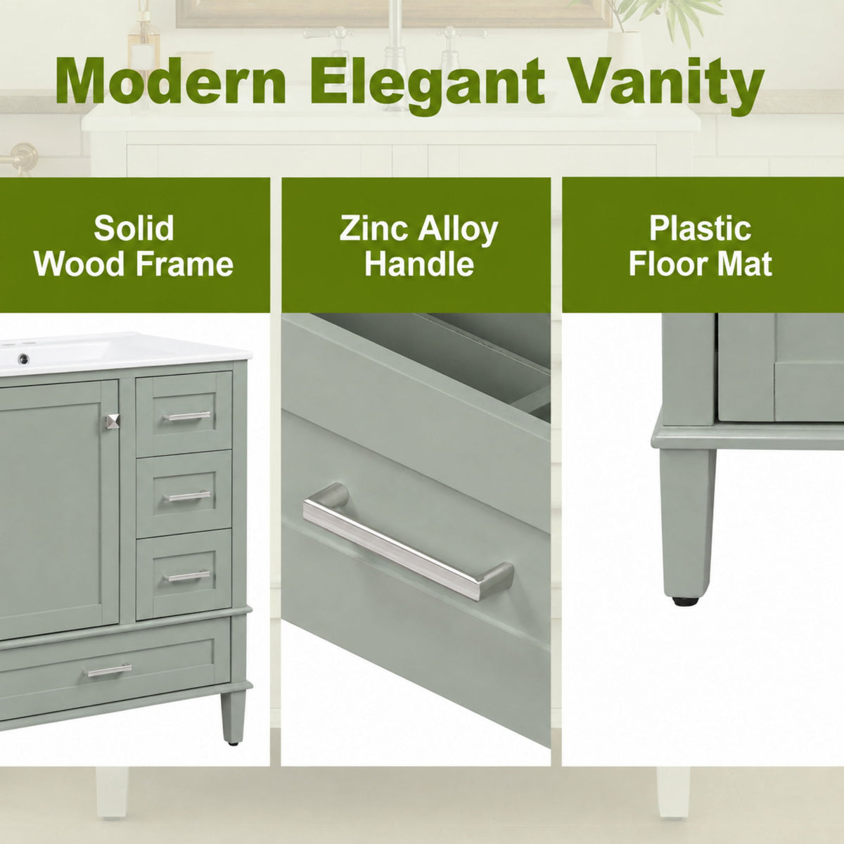 Bathroom Vanity With Sink, Soft Closing Door And Drawers - Light Green