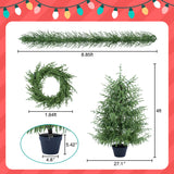 4 Piece Christmas Artificial Trees With Sturdy Bases, Pre Lit Wreath & Garland, Warm LED Lights, Indoor Holiday Decor - Green