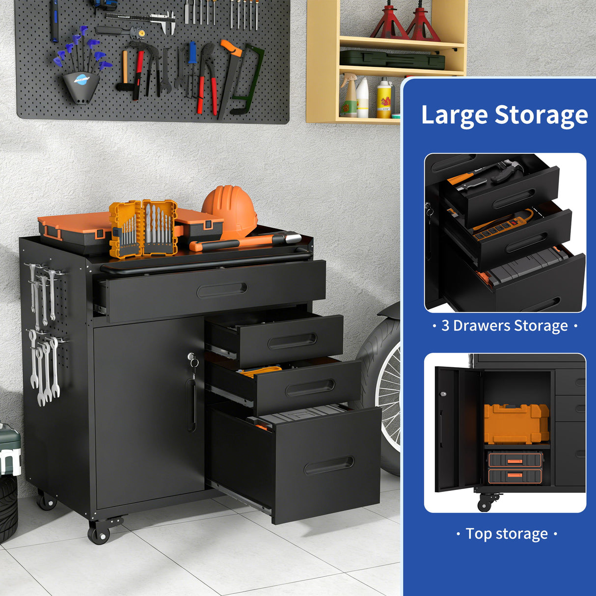 Rolling Tool Cabinet Heavy Duty Garage Storage With Lockable Doors