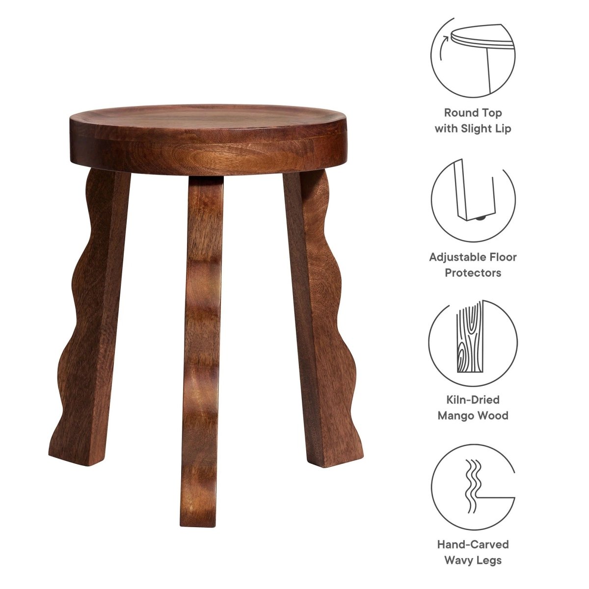 Carved Mango Wood Stool with Wavy Legs – Walnut 14 Inch - End & Side Tables available at Alpine Outlets in Denver