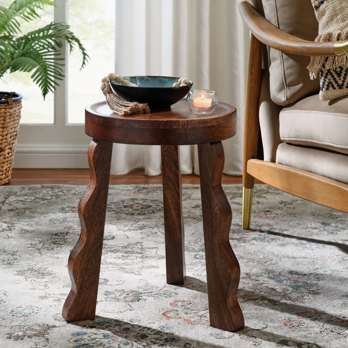 Carved Mango Wood Stool with Wavy Legs – Walnut 14 Inch - End & Side Tables available at Alpine Outlets in Denver