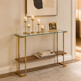 Console Table With Shelf, 2 Tier Living Room - Gold / Walnut