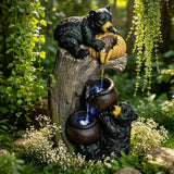 Bear Tree Stump Outdoor Water Fountain With LED Lights - Brown Gray