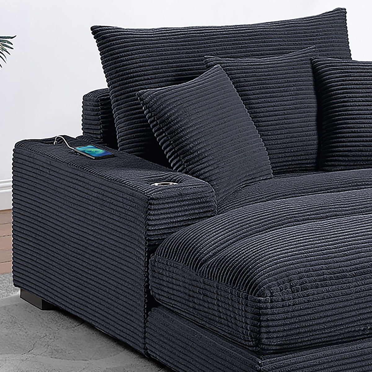 Upholstered Chaise Lounge With Cup Holders USB Port And Pillows