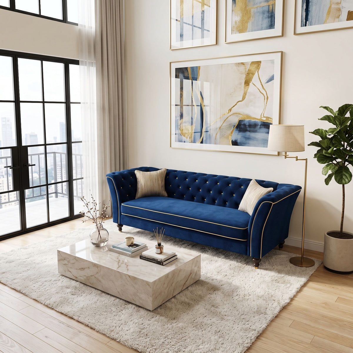 3 Person Sofa With Deep Seat, Tufted Backrest