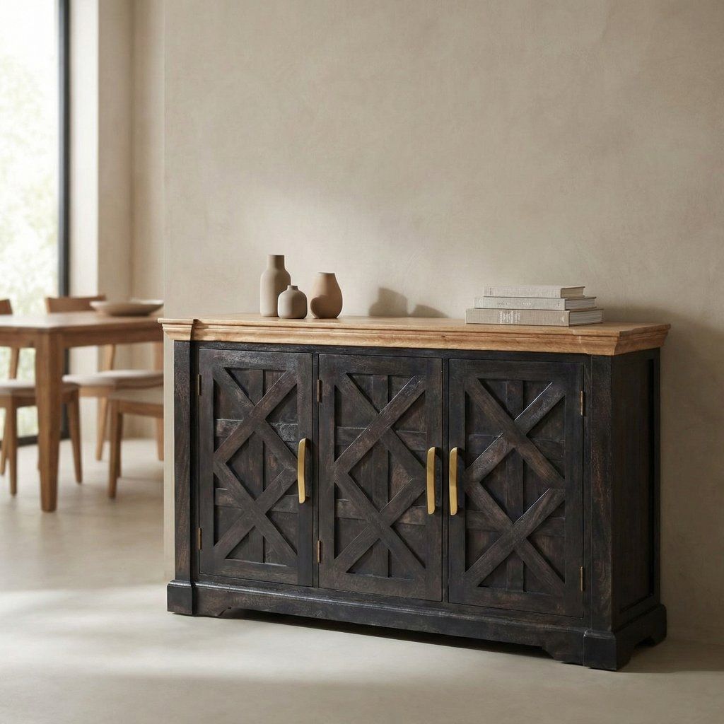 Solid Wood Sideboard Buffet Cabinet with Storage Shelves 59x35in Black