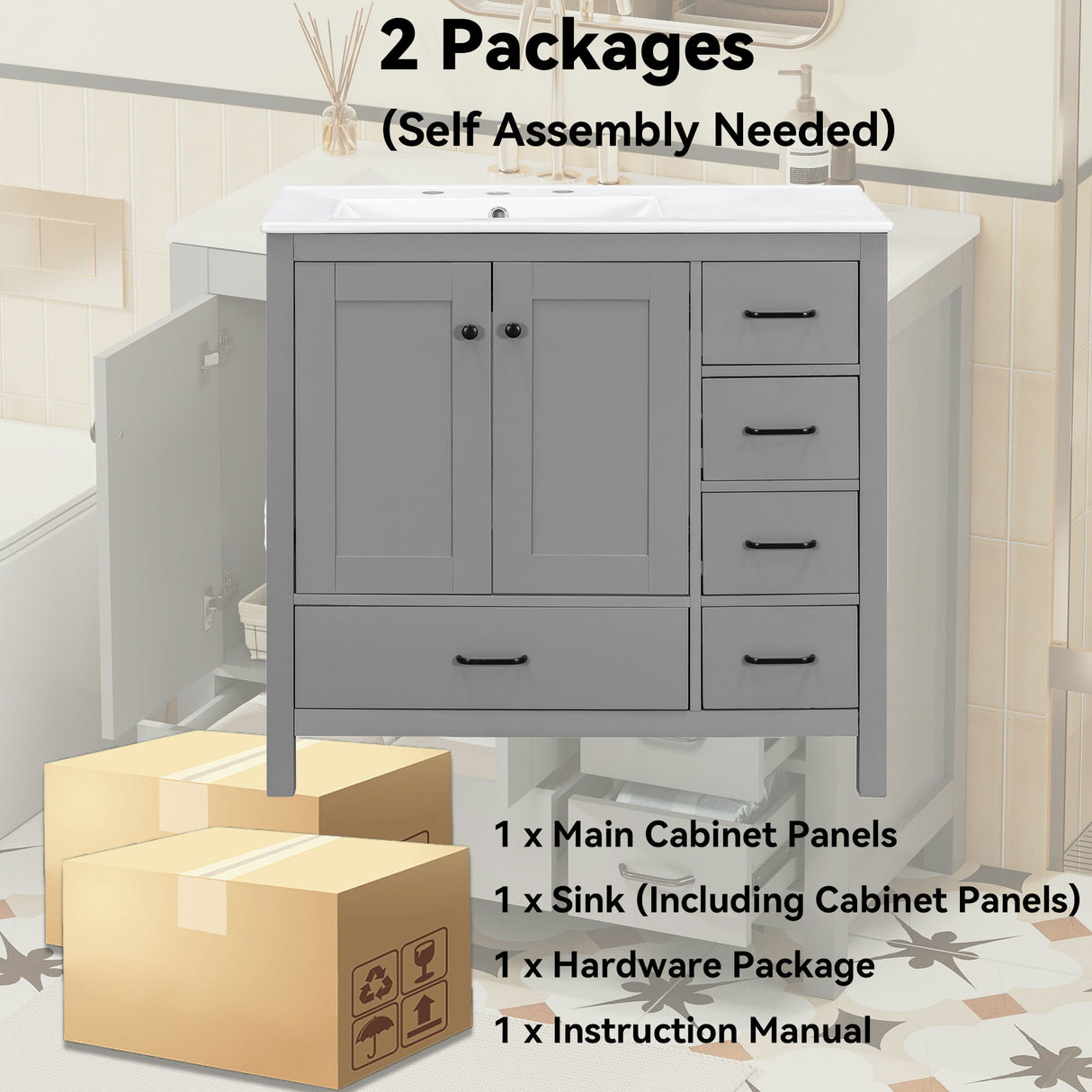 Bathroom Vanity With Sink Combo, 2 Soft Close Doors And 5 Drawers