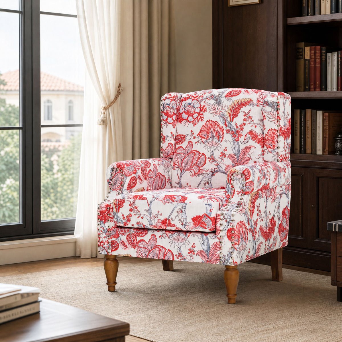 Accent Chair With Floral Upholstery And Nailhead Trim