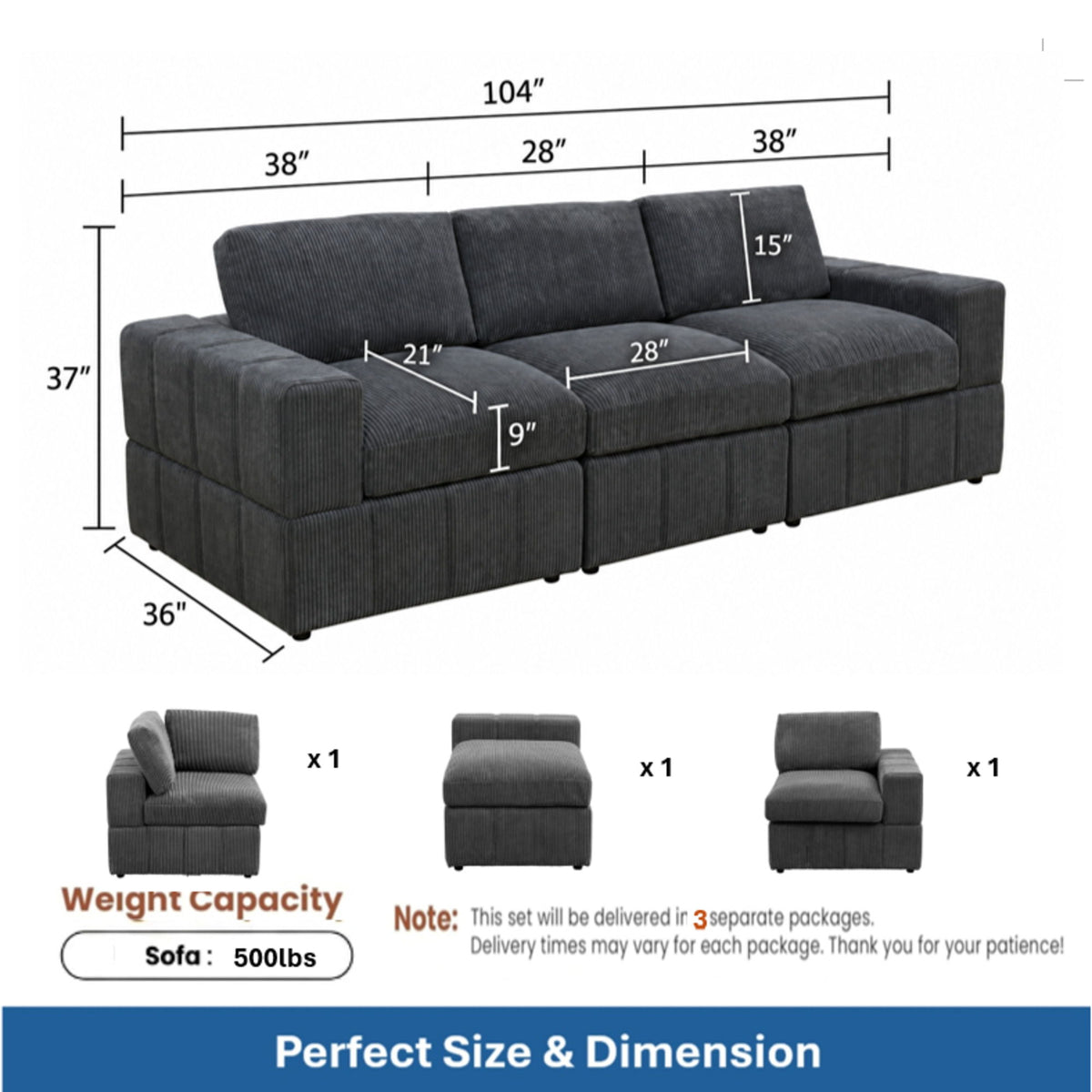 Oversized Modular Sectional Sofa 3 Piece Set, Flexible Layout For Living Room