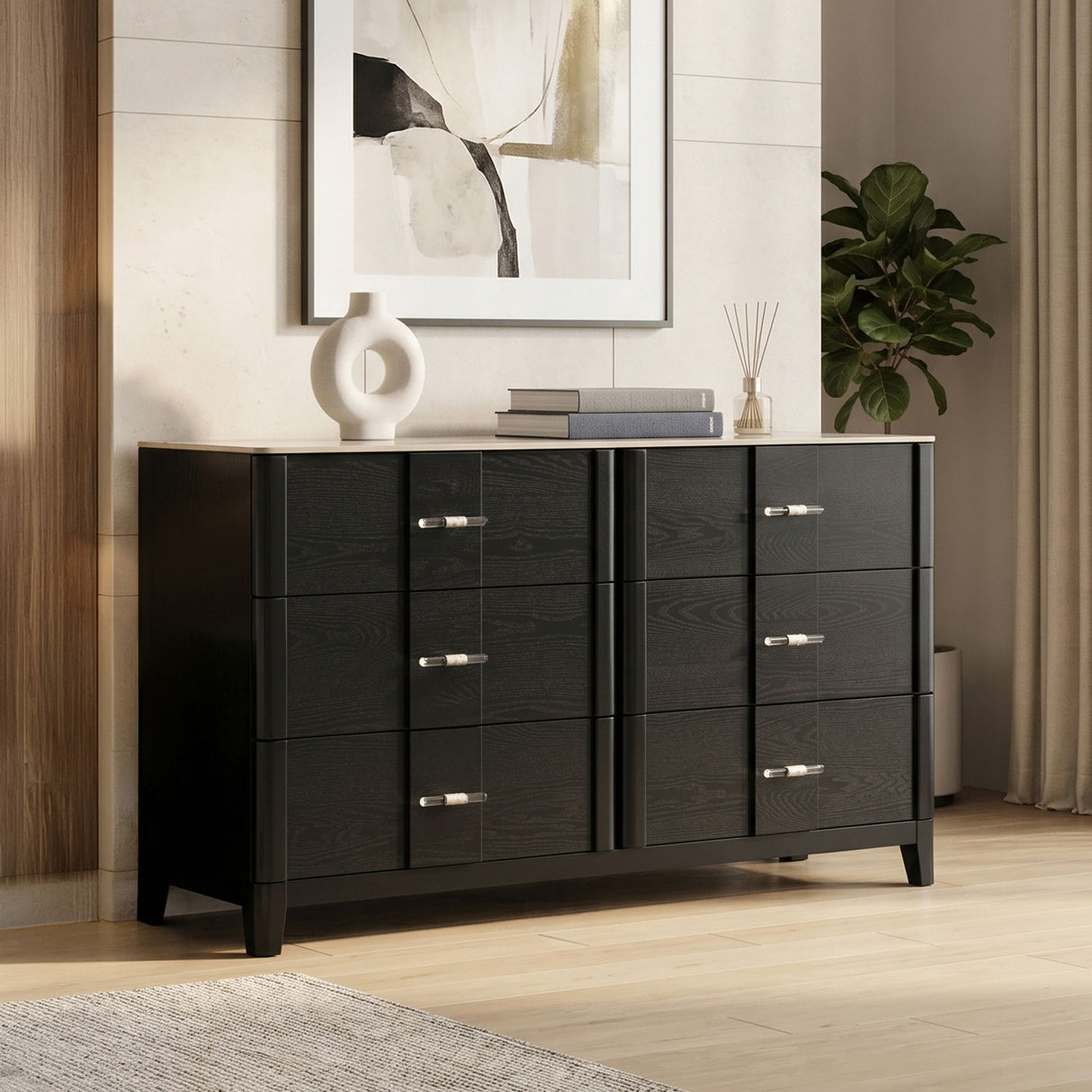 Opel Modern Dresser with Porcelain Top and 6 Drawers in Black