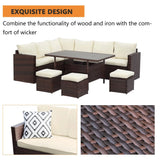 7 Piece Outdoor Dining Set With Cushions, Modular Sectional Sofa And Table