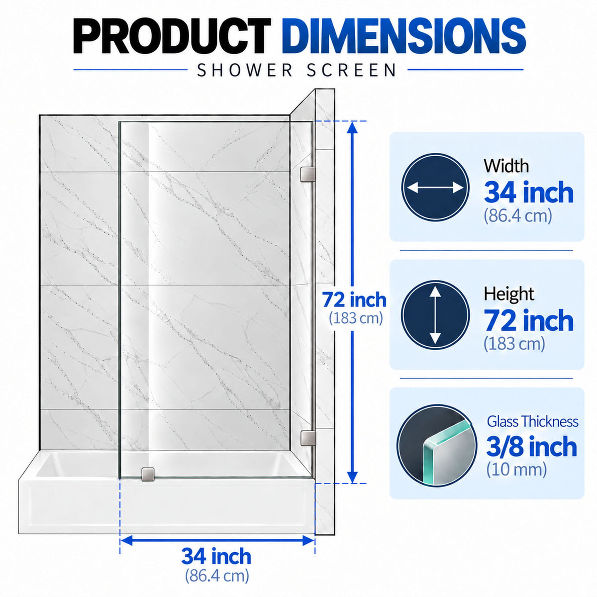 Frameless Bathtub Shower Screen, Reversible Installation