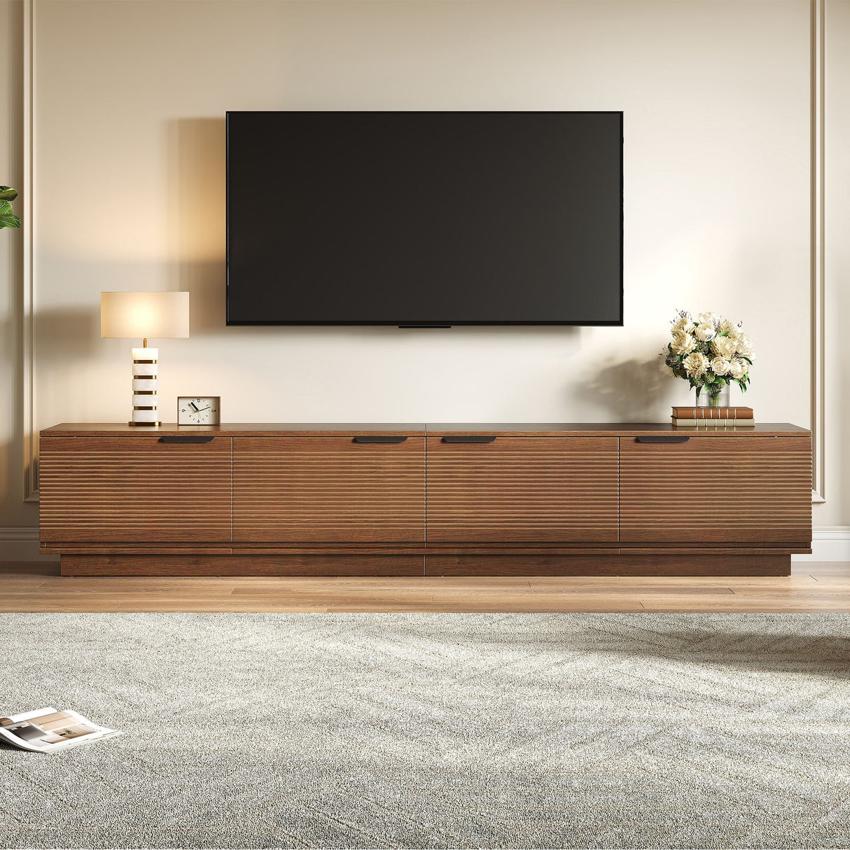 TV Stand, Entertainment Center With Fluted Door & Cable Management, Soft Closing Hinges - Walnut