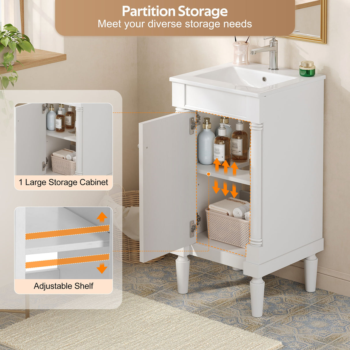 French Style Bathroom Cabinet With Sink, Adjustable Shelf