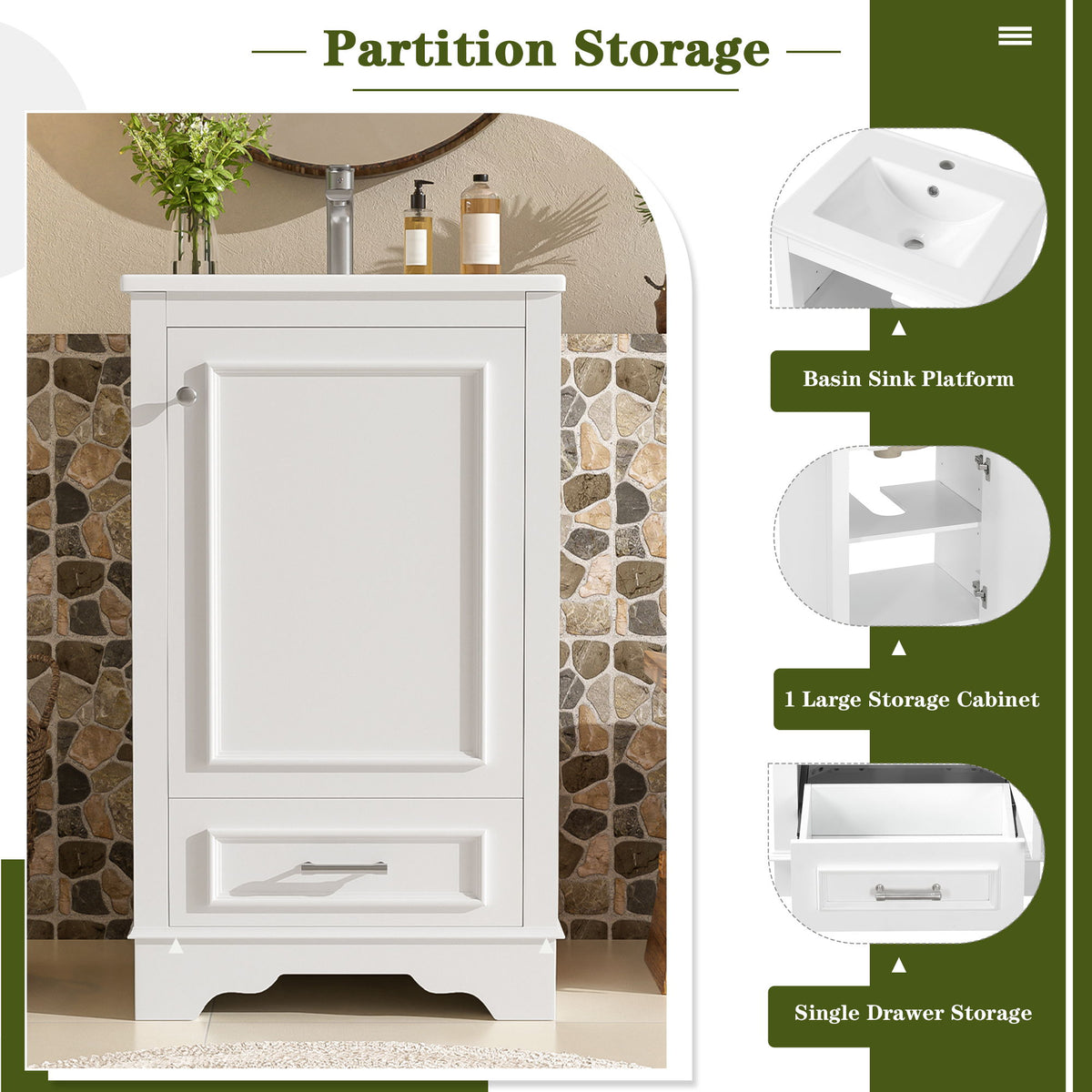 20" Bathroom Vanity With Sink, 1 Drawer, Freestanding Single Set