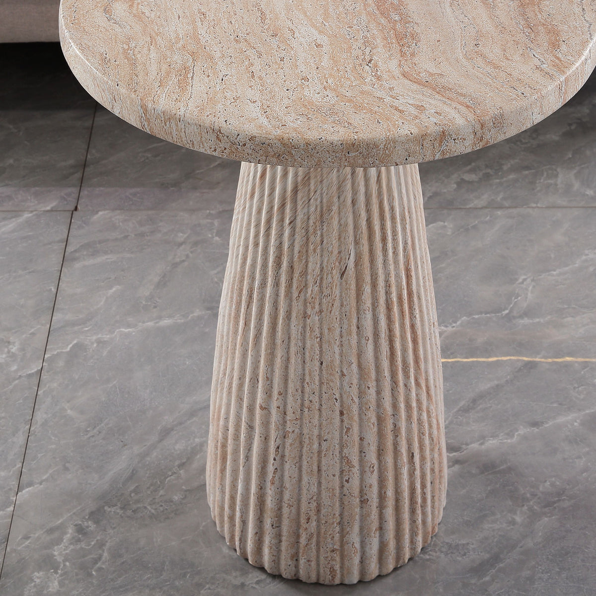 Fluted Pedestal Round Coffee Table - Beige / Yellow