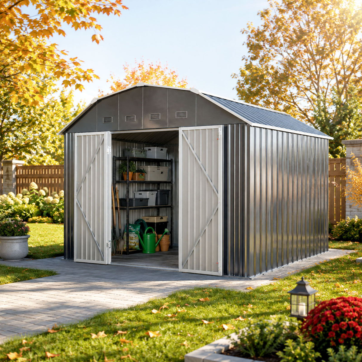 10 Ft X 12 Ft Outdoor Metal Storage Shed With Arch Roof With Lockable Doors For Backyard Garden Patio Lawn - Black