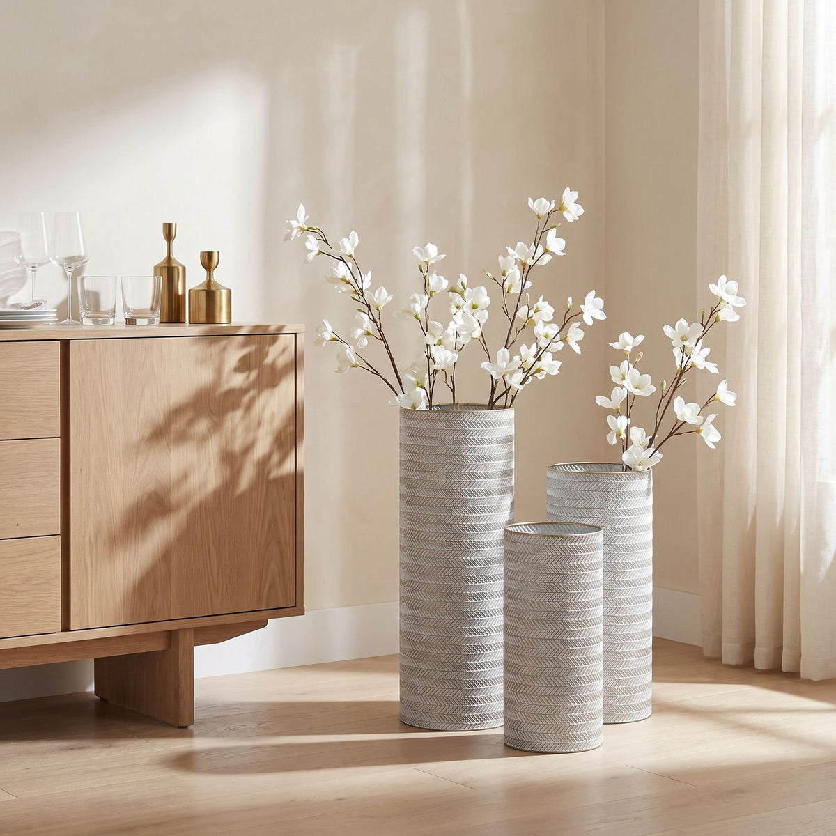 Decorative Tall Floor Vases For Home Decor (Set of 3) - White / Gold