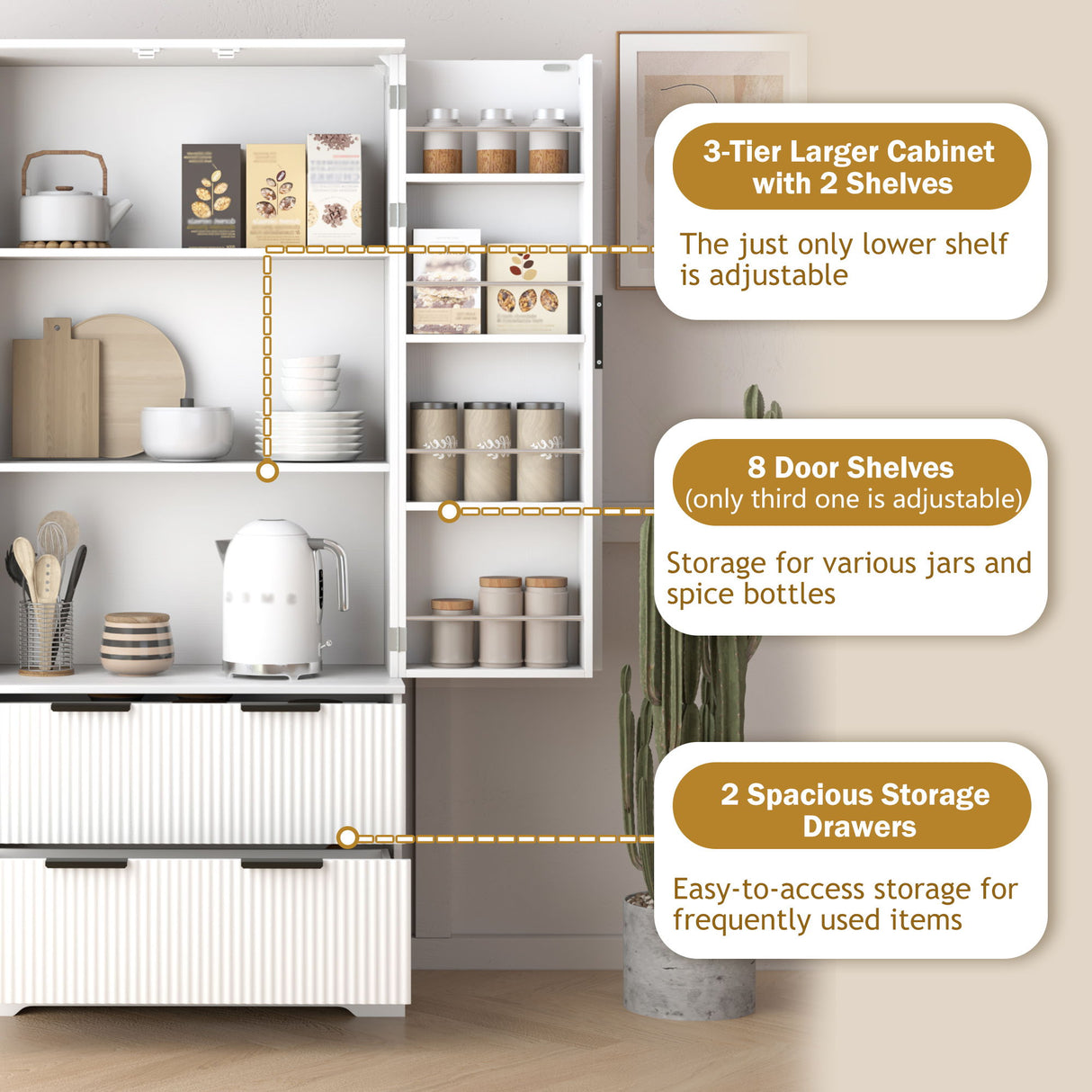 Fluted Kitchen Pantry Cabinet With 2 Large Drawers & 8 Door Spice Rack
