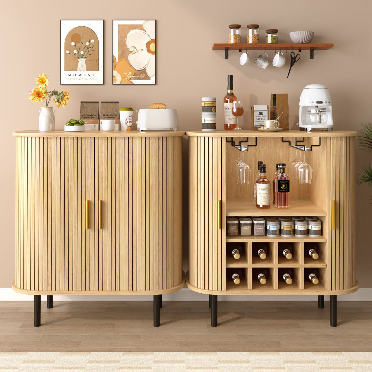 Fluted Wine Bar Cabinet With 8 Grid Wine Rack, 5 Level Adjustable Shelves, 2 Glass Holders