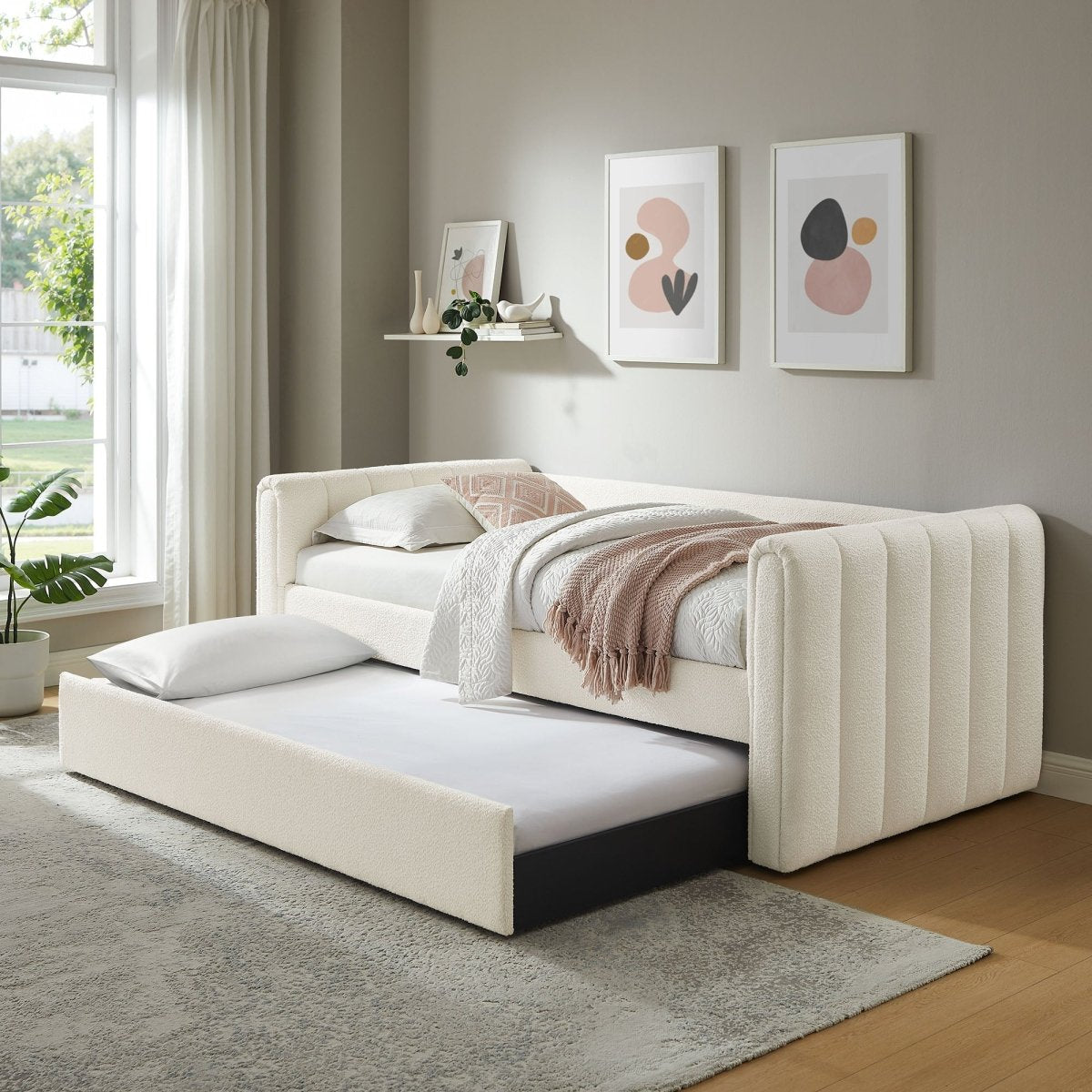 Channel Tufted Bouclé Twin Daybed with Pull - Out Trundle - Platform Bed available at Alpine Outlets in Denver