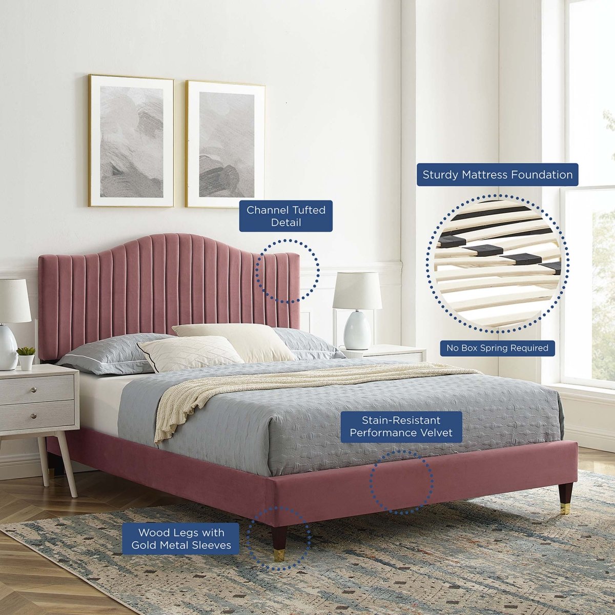 Channel Tufted Performance Velvet King Platform Bed with Curved Silhouette - Platform Bed available at Alpine Outlets in Denver