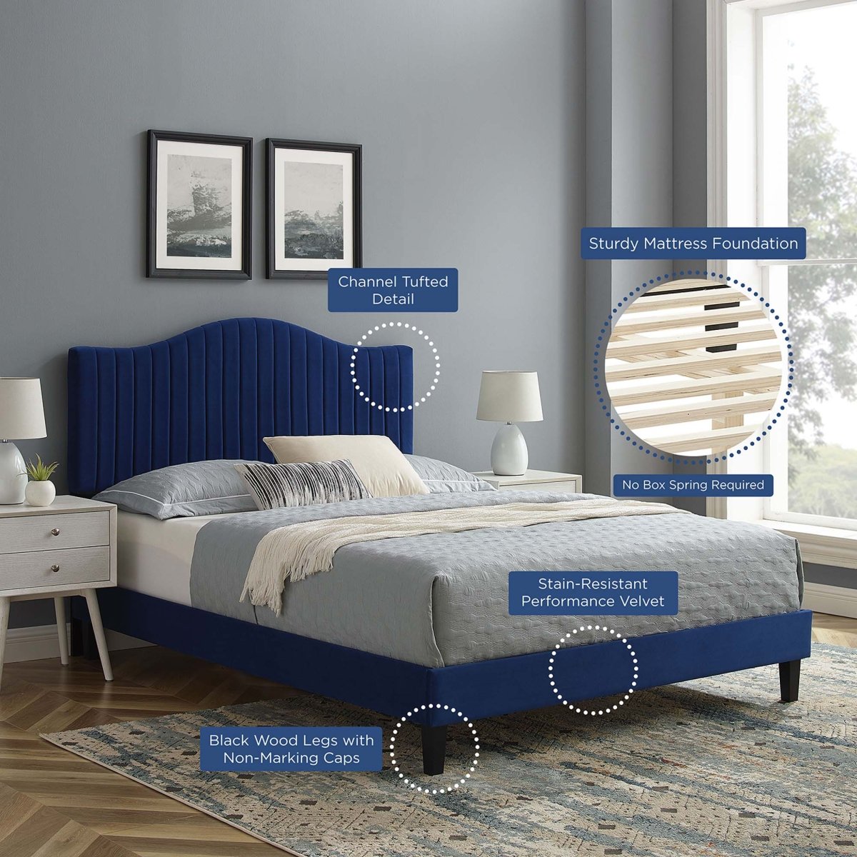 Channel Tufted Performance Velvet Platform Bed with Curved Silhouette - Platform Bed available at Alpine Outlets in Denver