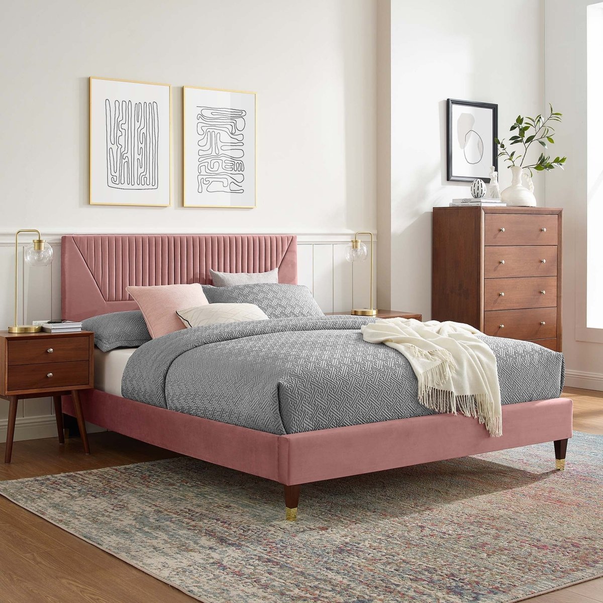 Channel Tufted Performance Velvet Platform Bed with Gold Detailed Legs - Platform Bed available at Alpine Outlets in Denver