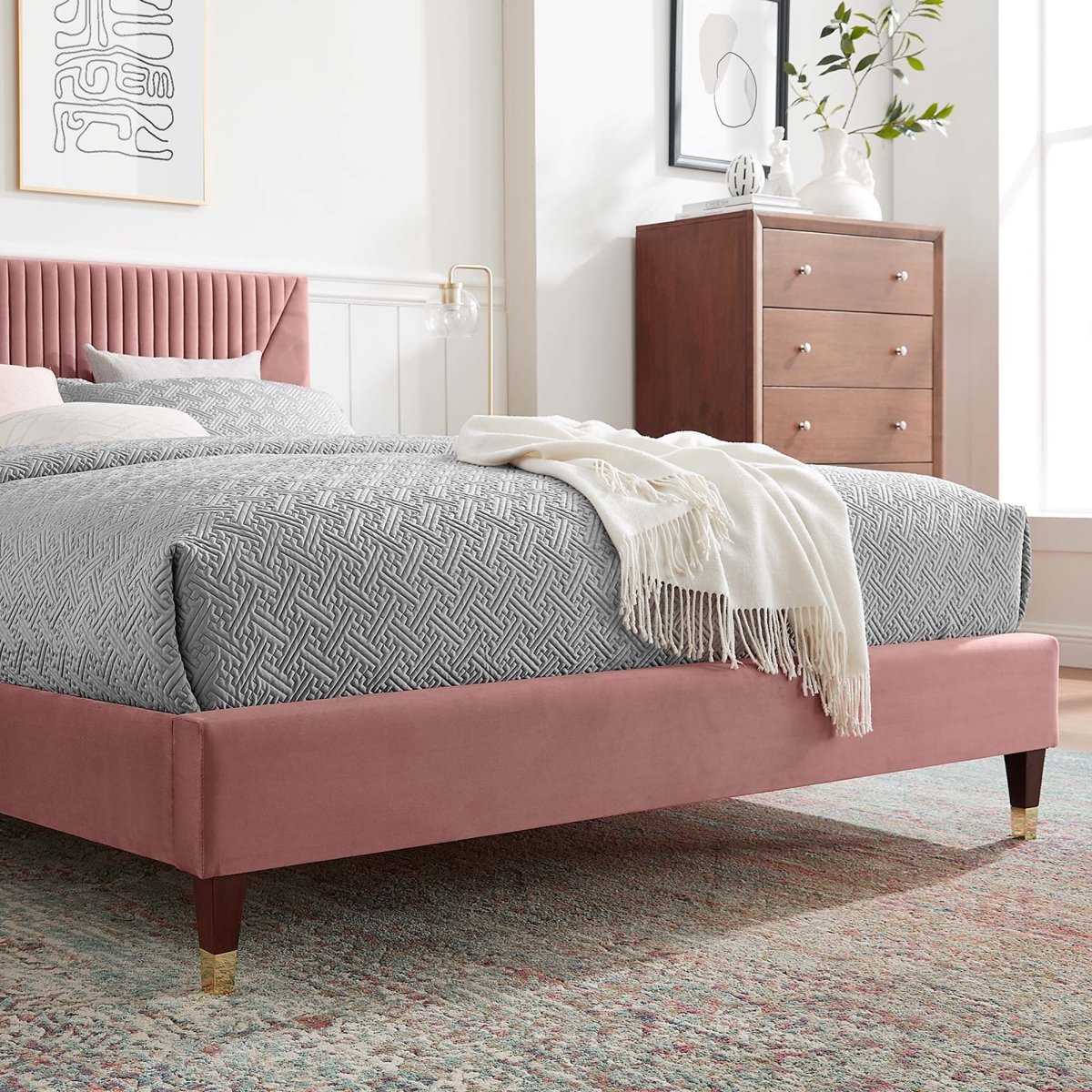 Channel Tufted Performance Velvet Platform Bed with Gold Detailed Legs - Platform Bed available at Alpine Outlets in Denver