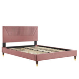 Channel Tufted Performance Velvet Platform Bed with Gold Detailed Legs - Platform Bed available at Alpine Outlets in Denver