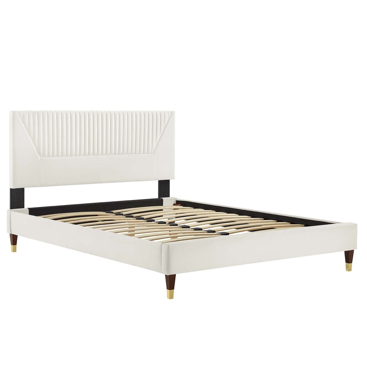 Channel Tufted Performance Velvet Platform Bed with Gold Detailed Legs - Platform Bed available at Alpine Outlets in Denver