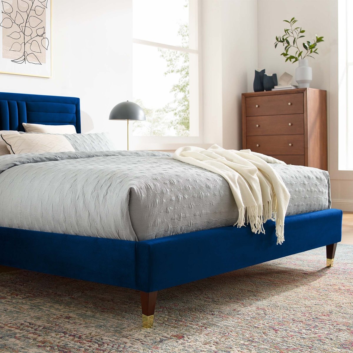 Channel Tufted Performance Velvet Platform Bed with Gold Detailed Wood Legs - Platform Bed available at Alpine Outlets in Denver