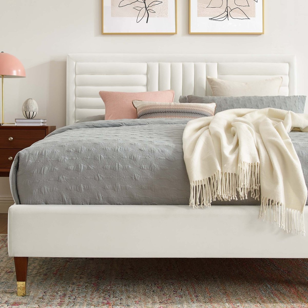 Channel Tufted Performance Velvet Platform Bed with Gold Detailed Wood Legs - Platform Bed available at Alpine Outlets in Denver