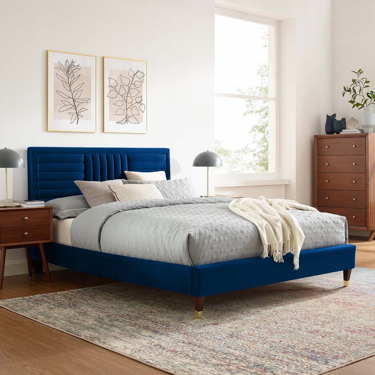 Channel Tufted Performance Velvet Platform Bed with Gold Detailed Wood Legs - Platform Bed available at Alpine Outlets in Denver